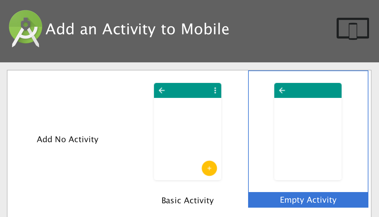 Select new project with blank activity in Android Studio