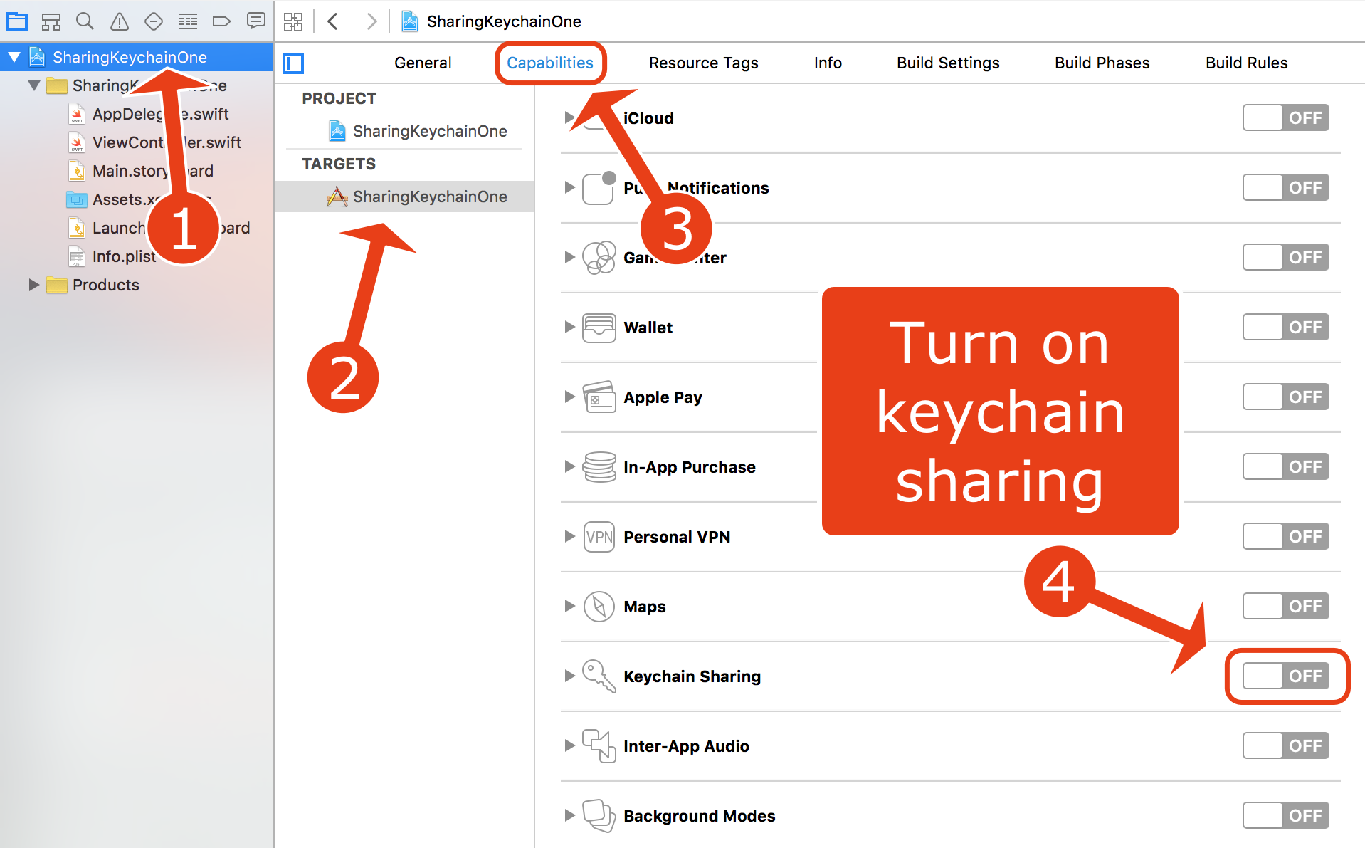 Turn on Keychain sharing in Xcode