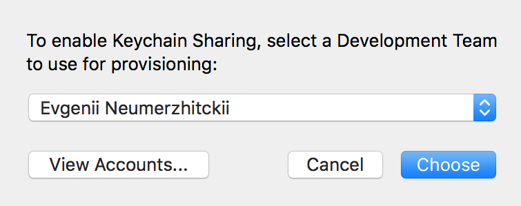 Select developer team to enable Keychain sharing