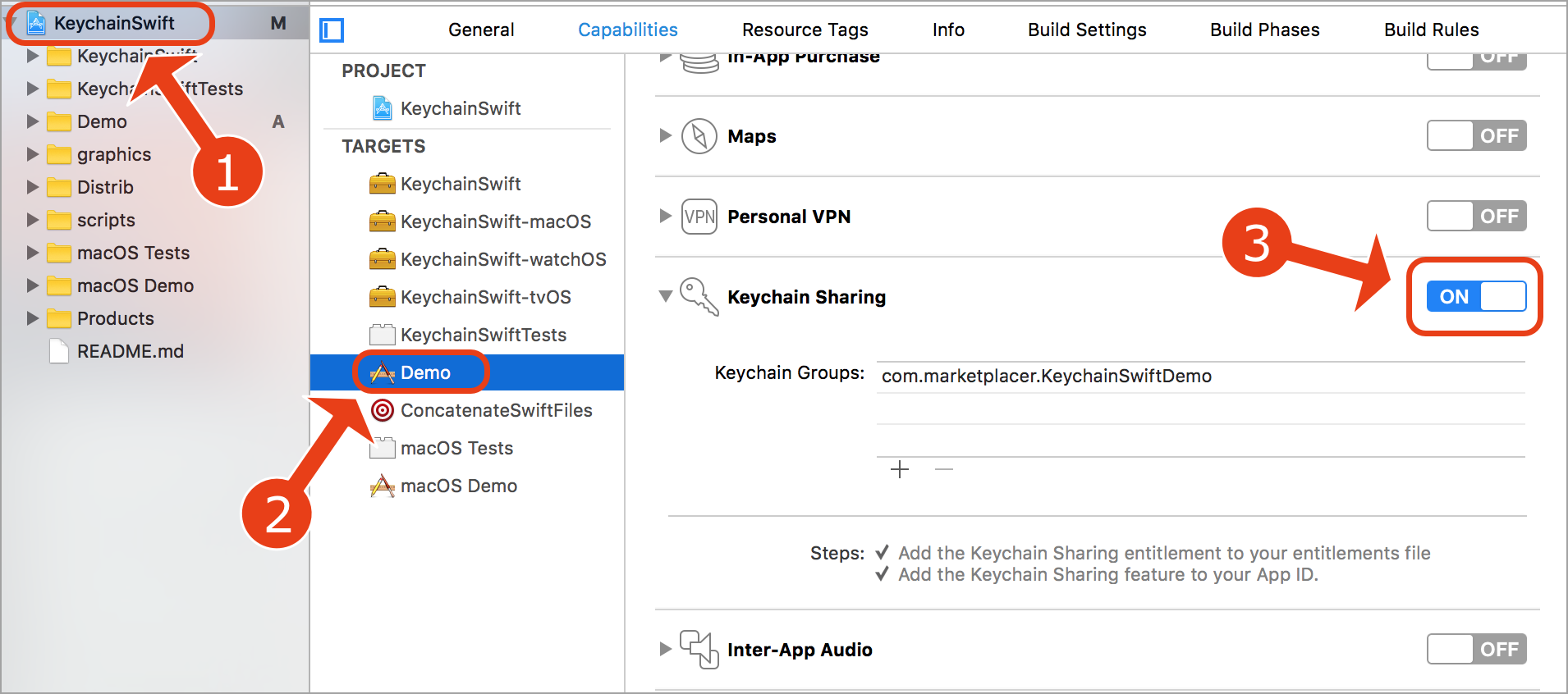 Turn on keychain sharing in app target in Xcode