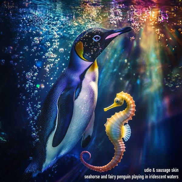Sausage Skin - seahorse and fairy penguin playing in iridescent waters